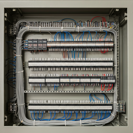 Painel de controle elétrico industrial com cabeamento