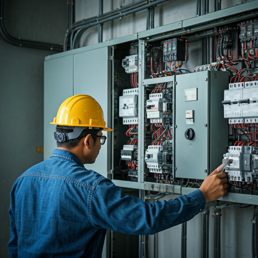 Engenheiro eletricista inspecionando um painel industrial